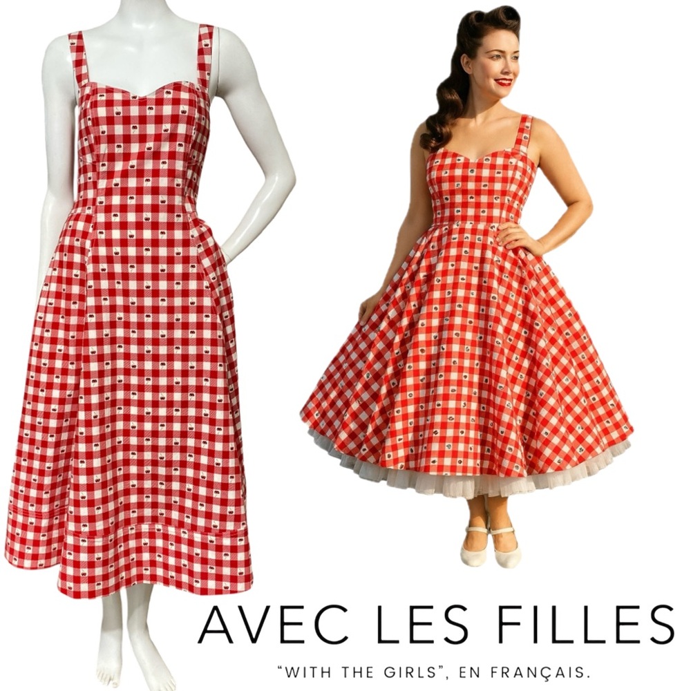 Avec Les Filles Cherry Pie Red Gingham Sweetheart Neck Fit & Flare Midi Dress- 8
